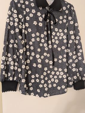 Black Floral Tie-Neck Blouse with White Flower Print